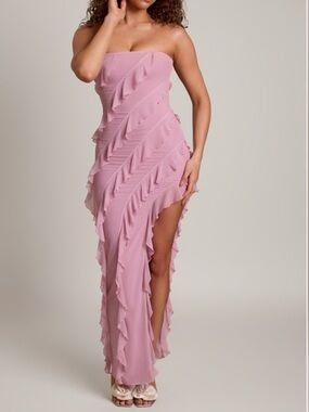 embellished strapless ruffle maxi dress in soft pink Embellished Strapless Ruffle Maxi Dress in Soft Pink